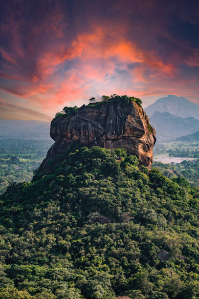 Spectacular view of the Lion rock surrounded by green rich vegetation. Picture taken from Pidurangala Rock in Sigiriya, Sri Lanka.